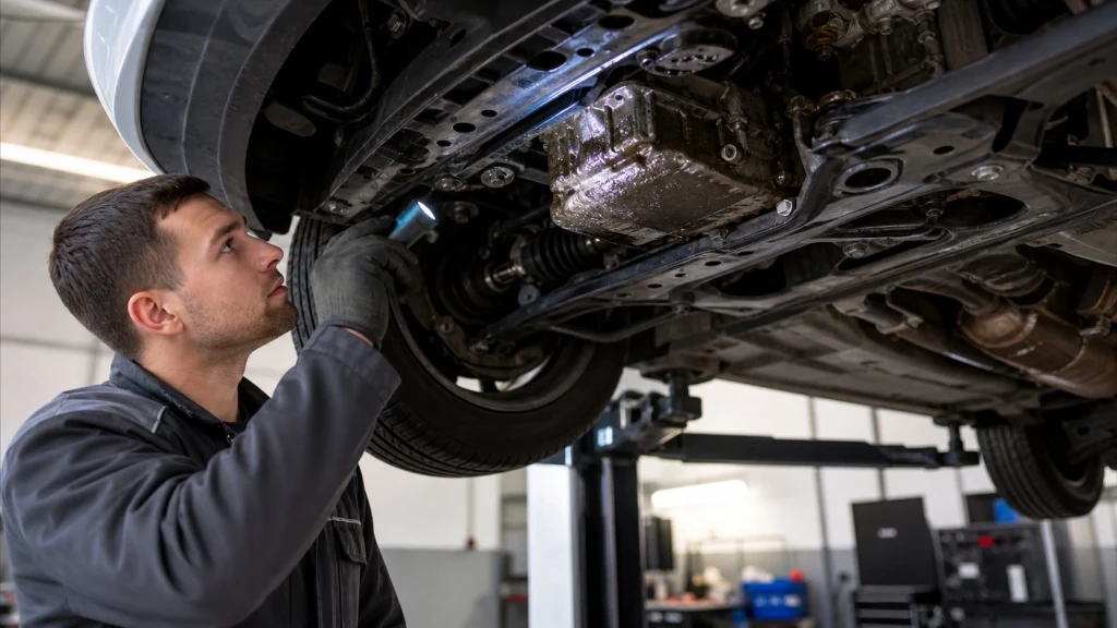 Unterbodeninspektion eines gebrauchten Opel Corsa E auf einer Hebebühne zur Überprüfung von Ölverlust.