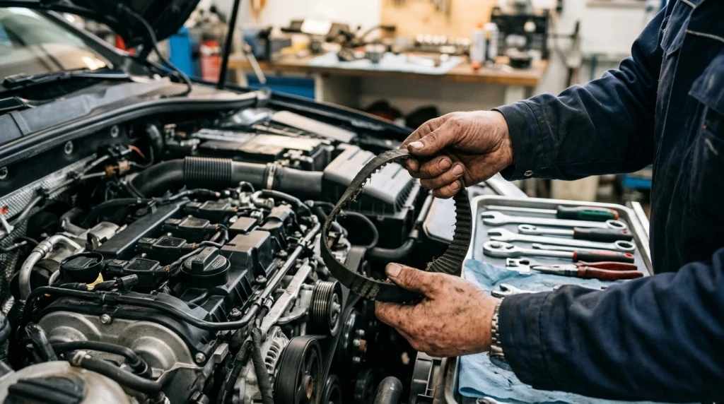 Mechaniker begutachtet einen verschlissenen Zahnriemen in einer Kfz-Werkstatt.
