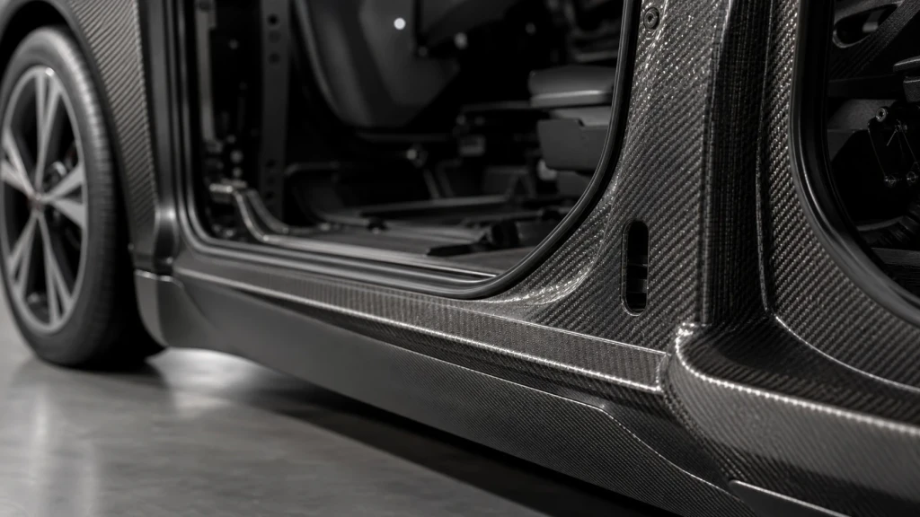 Detailaufnahme der Carbonfaser-Karosseriestruktur (CFRP) an der geöffneten Tür des BMW i3.