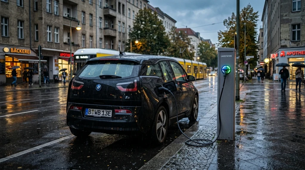Ein schwarzer BMW i3 lädt an einer öffentlichen AC-Ladesäule an einem regnerischen Tag in Deutschland.