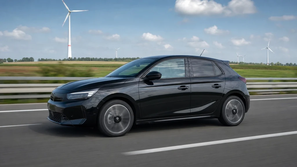 Ein schwarzer Opel Corsa F Facelift fährt auf einer deutschen Autobahn vorbei an Feldern