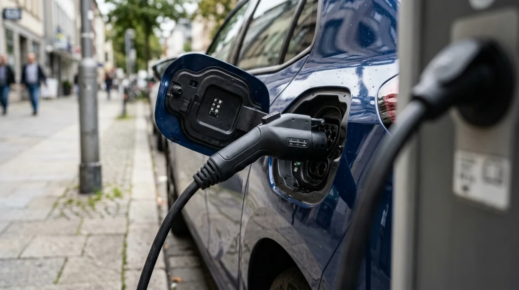 Der Ladeanschluss eines Opel Corsa Electric ist an eine öffentliche Ladestation in Deutschland angeschlossen