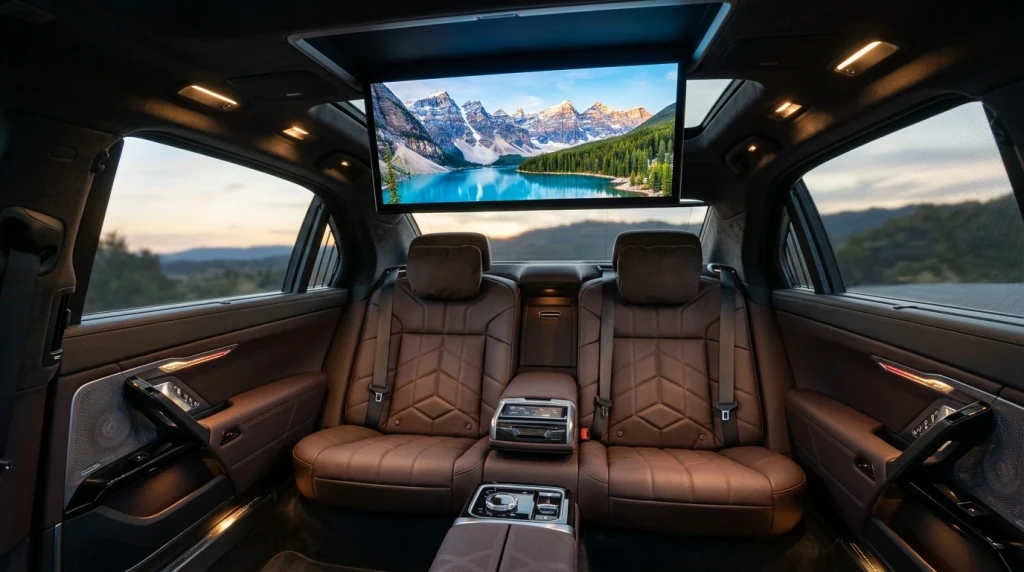 Das Infotainment-System mit dem klappbaren Theatre Screen im Fond des BMW i7.