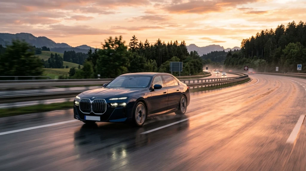 Der 2024 BMW i7 fährt bei Sonnenuntergang auf einer deutschen Autobahn.