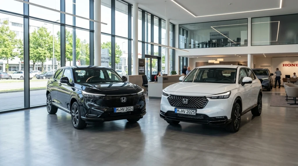 Der Honda HR-V des Modelljahrs 2024 neben dem facelifted 2025er Modell im Vergleich