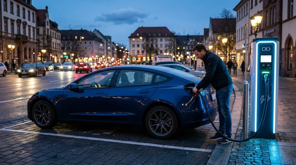 Ein BMW i4 wird an einer DC-Schnellladestation geladen.