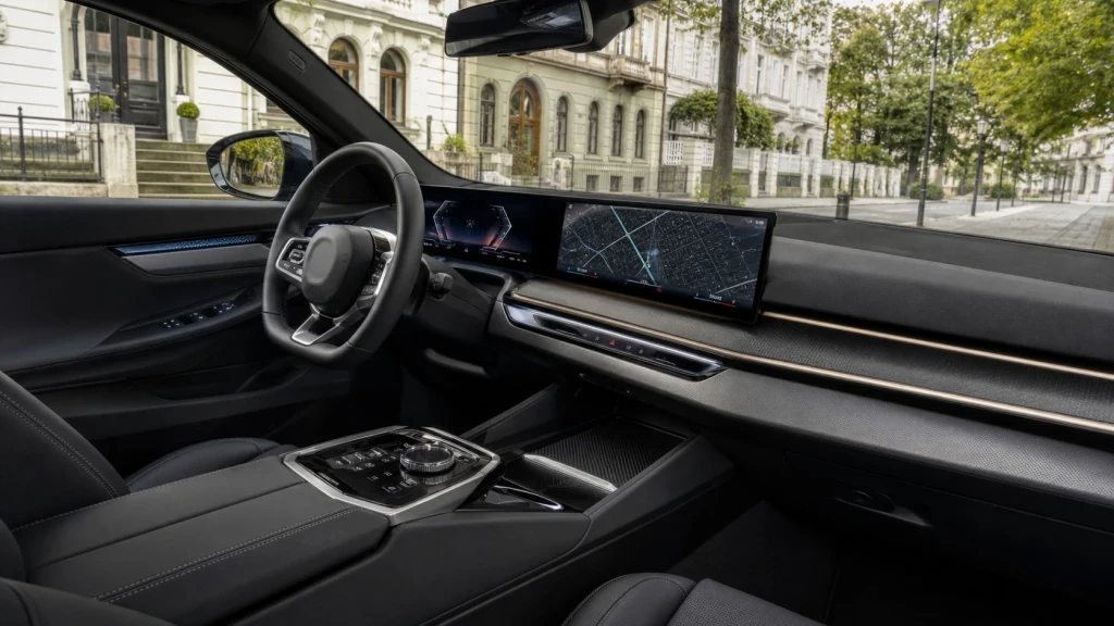 Hochwertiges Cockpit des BMW i5 mit BMW Curved Display und Interaction Bar