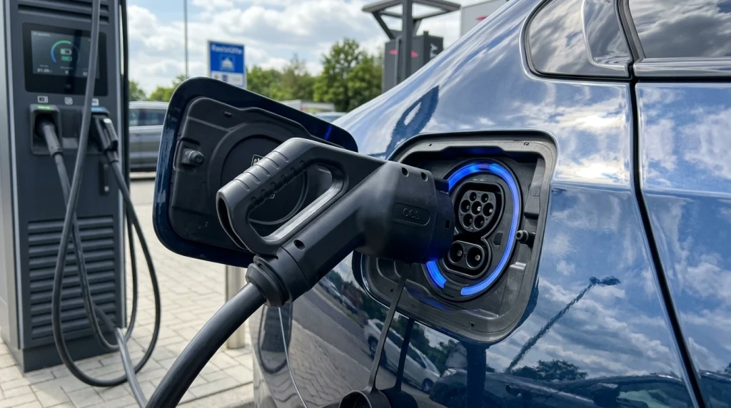 2025 BMW i5 Touring an einer modernen Schnellladesäule an einer deutschen Autobahn