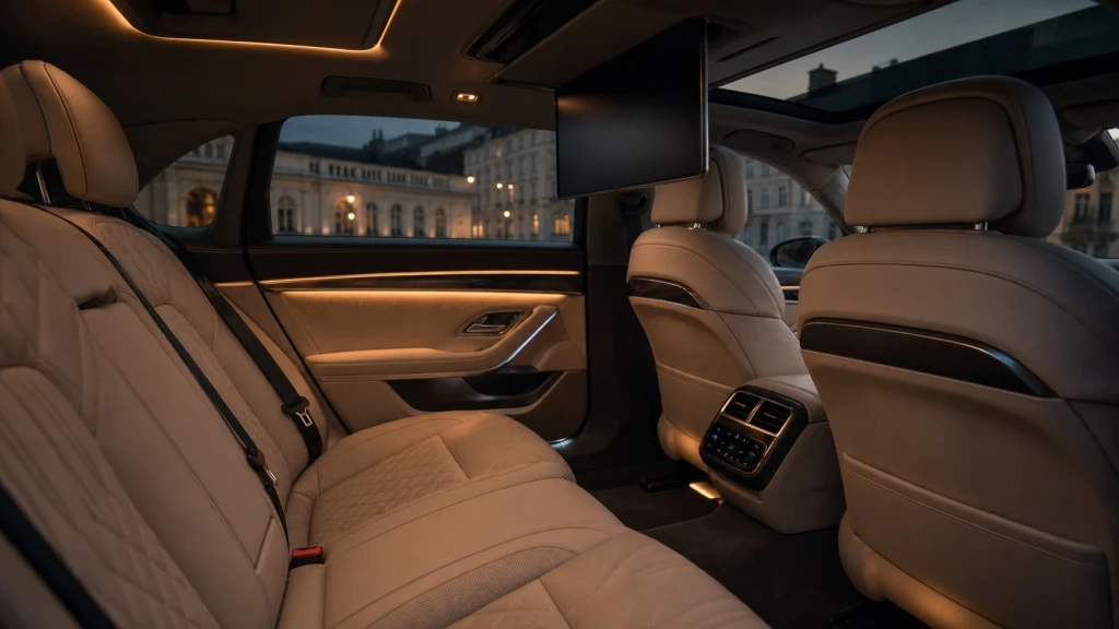 Luxuriöser Fondbereich mit heruntergeklapptem 31,3 Zoll Theatre Screen Infotainment-Bildschirm