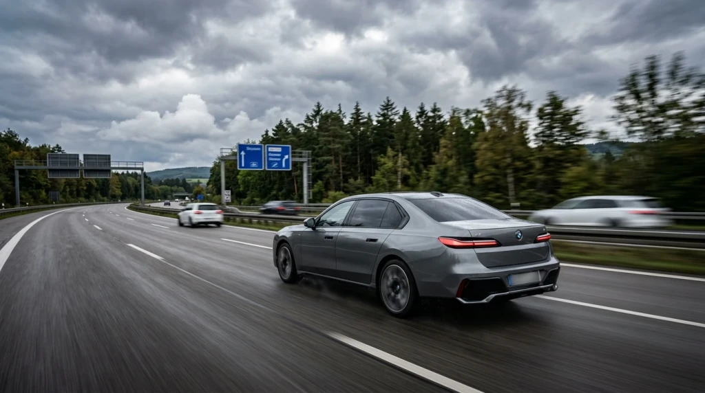 Dynamische Autobahnfahrt der Luxuslimousine xDrive60 vor der Kulisse der bayerischen Alpen