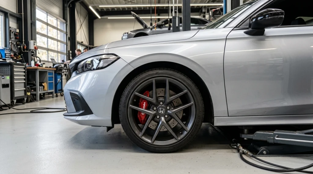Detailansicht des Vorderrads und der Bremsanlage des 2025 Honda Civic Si in einer Werkstatt