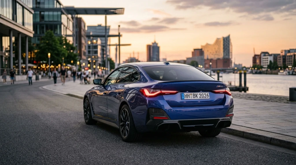Die Heckansicht des BMW i4 Gran Coupé mit Fokus auf die aerodynamischen Details.