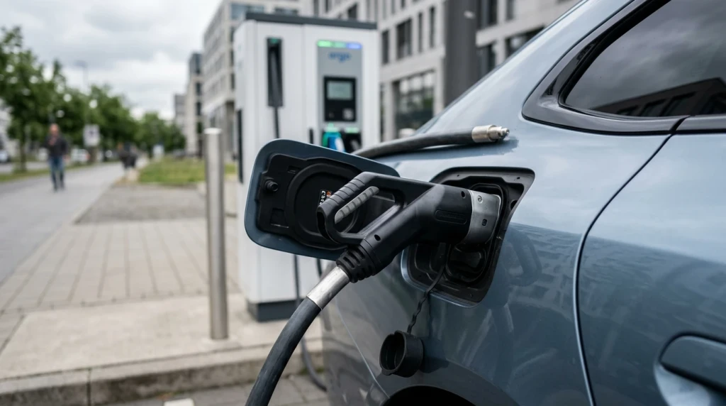 Nahaufnahme der Ladeklappe des BMW i4 an einer Ladesäule in Deutschland.