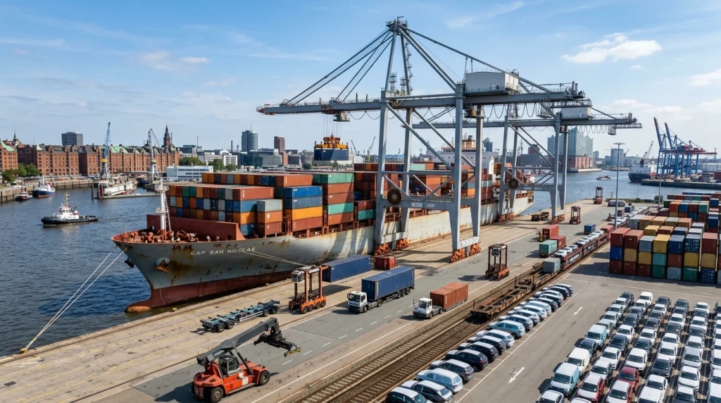 Ein Containerschiff in einem deutschen Hafen als Symbol für den US-Fahrzeugimport des Honda Accord