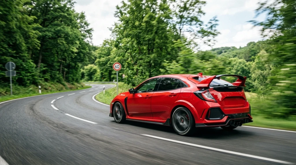 Der sportliche Honda Civic Type R bei einer dynamischen Fahrt auf einer Landstraße in Deutschland.