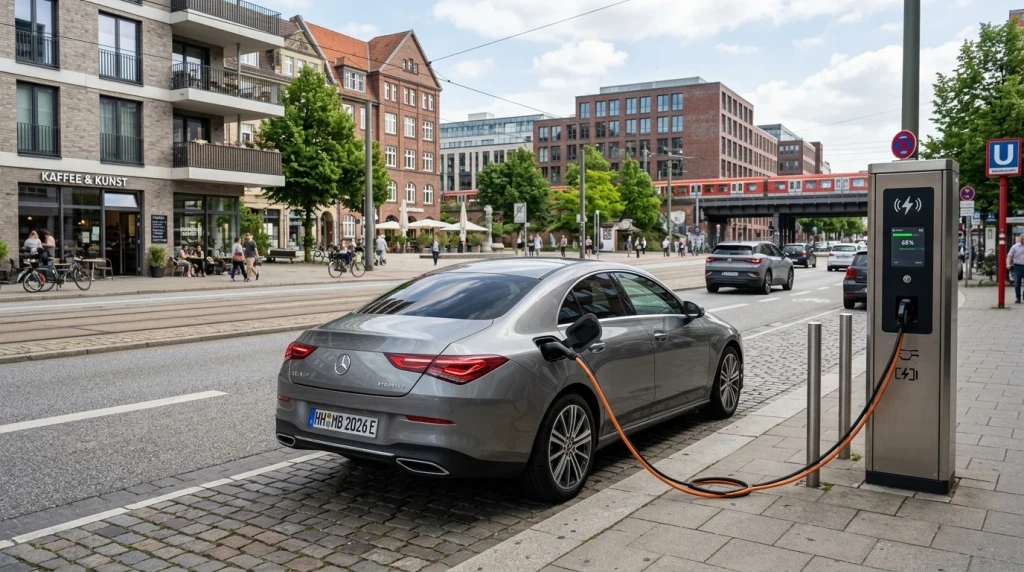 Der vollelektrische Mercedes-Benz CLA EQ lädt an einer Schnellladesäule in Deutschland
