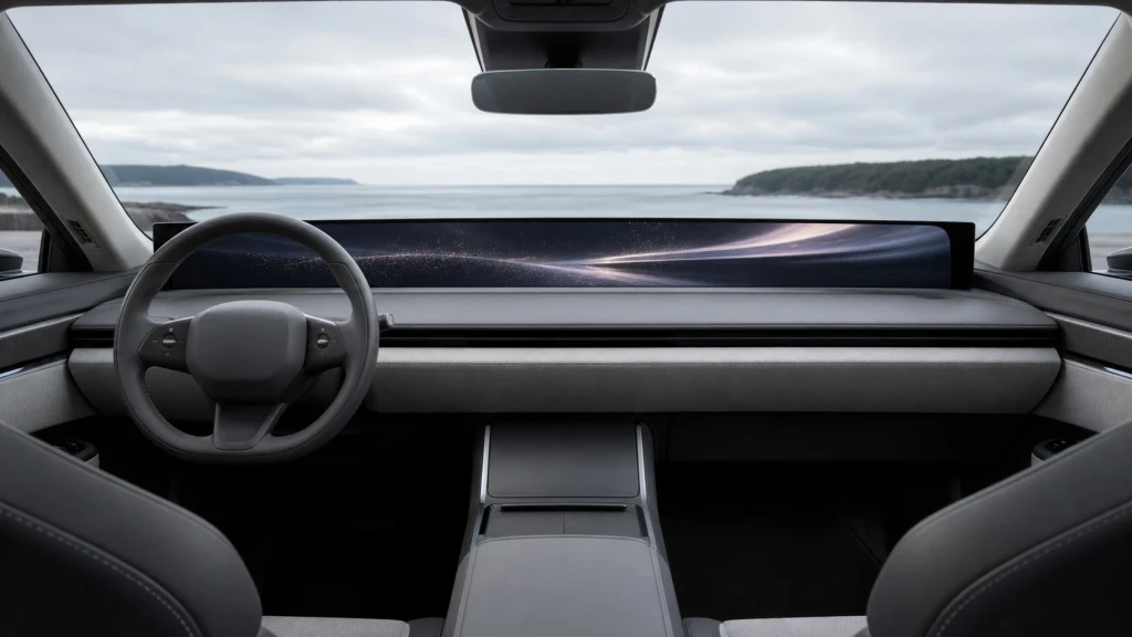 Das minimalistische Cockpit des neuen BMW i3 mit dem breiten Panoramic Vision Head-up-Display entlang der Windschutzscheibe