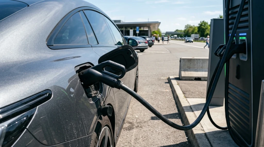 Ein Elektrofahrzeug angeschlossen an eine Schnellladestation auf einer Autobahn-Raststation in Deutschland