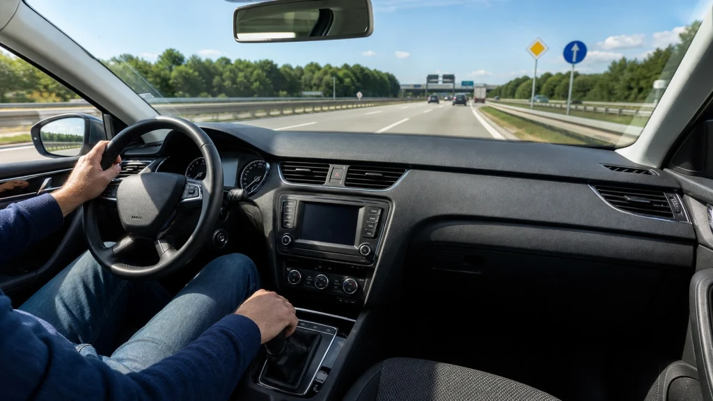 Der Innenraum eines modernen Autos mit Fokus auf das Automatikgetriebe auf einer Autobahn.