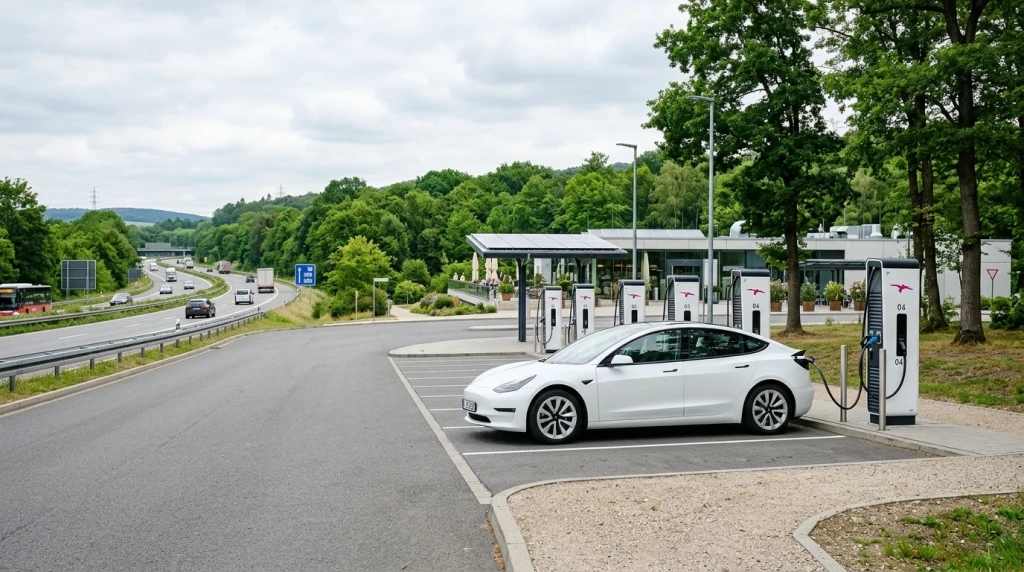 Ein weißes Tesla Model 3 wird an einer Ladestation in Deutschland aufgeladen.