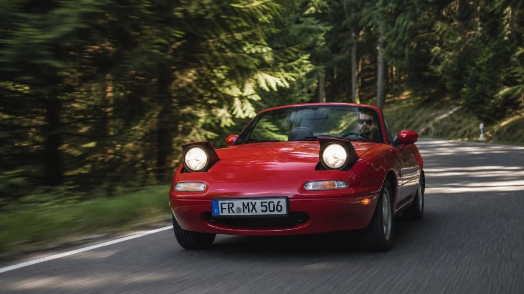 Ein roter Mazda MX-5 NA mit aufgeklappten Scheinwerfern auf einer kurvigen Landstraße.