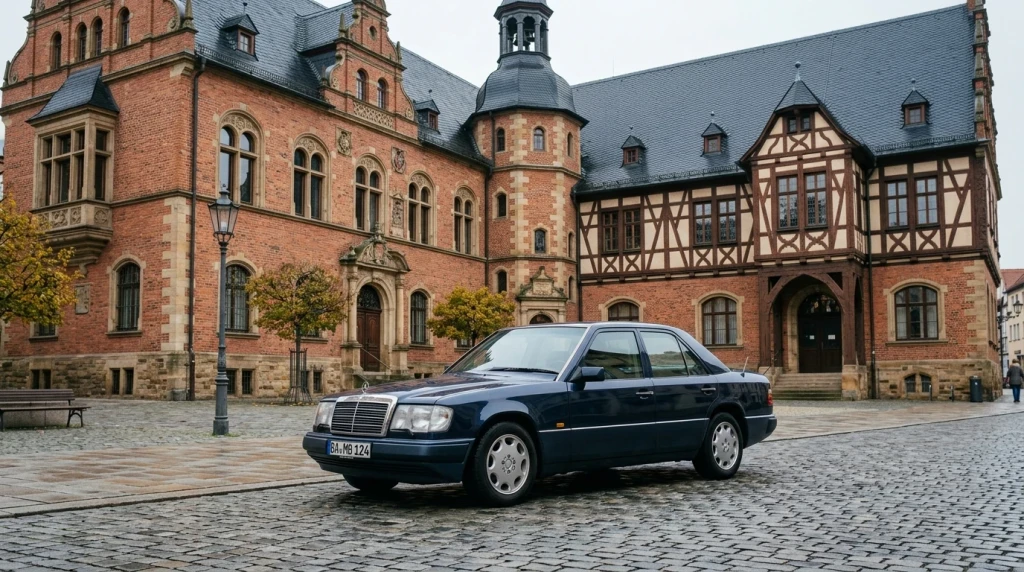 Ein dunkelblauer Mercedes-Benz W124 im Originalzustand vor einem historischen Backsteingebäude.