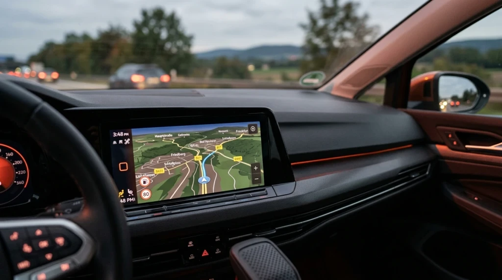 Detailansicht des Infotainment-Bildschirms im VW Golf 8 mit Navigationskarte