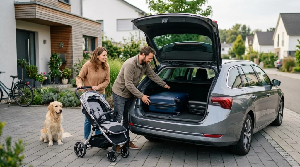 Eine Familie laedt Gepaeck in den grossen Kofferraum eines Skoda Octavia Combi in Deutschland