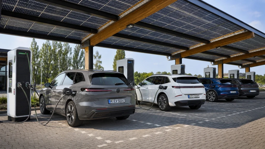 Elektro-SUVs laden an einer Schnellladestation in Deutschland auf