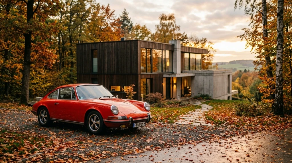 Ein klassischer roter Sportwagen parkt vor einem modernen Wohnhaus in Deutschland