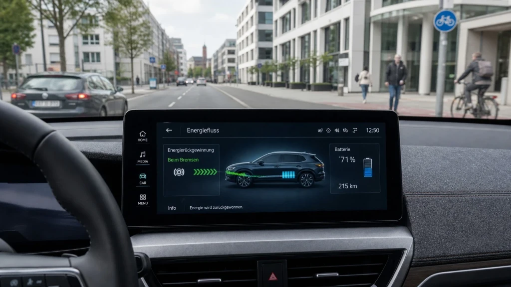 Anzeige der Energie-Rekuperation auf dem Armaturenbrett eines modernen Hybridfahrzeugs während der Fahrt in der Stadt.