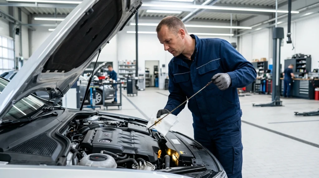Ein Mechaniker kontrolliert den Zustand des Motoröls mithilfe des Ölmessstabs, um Kurzstreckenschäden zu prüfen.