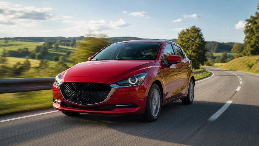 Ein roter Mazda 2 fährt auf einer Landstraße in Deutschland.