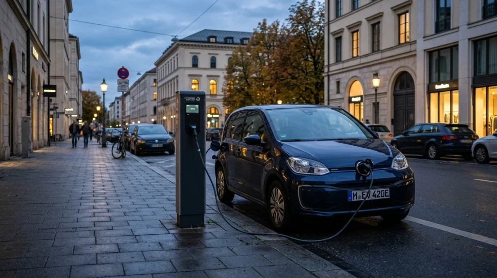 Ein blauer VW e-Up! lädt an einer öffentlichen Ladesäule in Deutschland.
