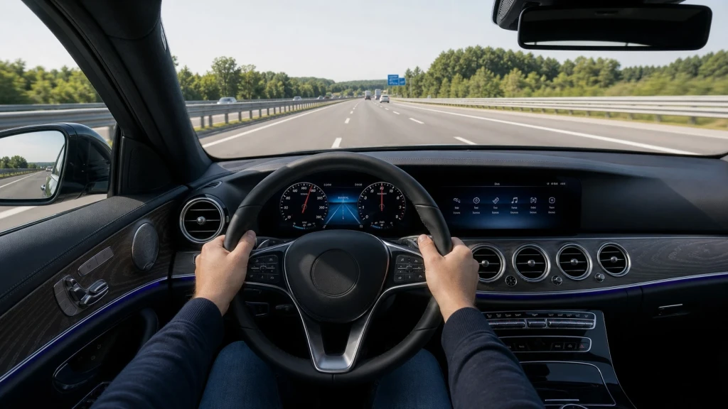 Das moderne Cockpit einer Oberklasse-Limousine während der Fahrt auf der Autobahn in Deutschland.