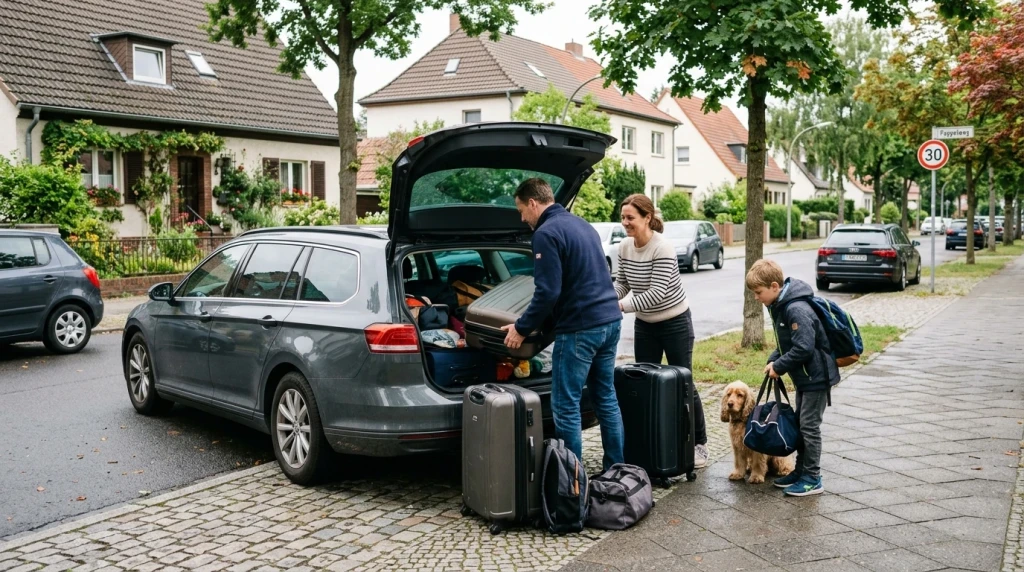 Eine Familie lädt Gepäck in den großen Kofferraum eines Kombis in einer deutschen Wohnstraße.