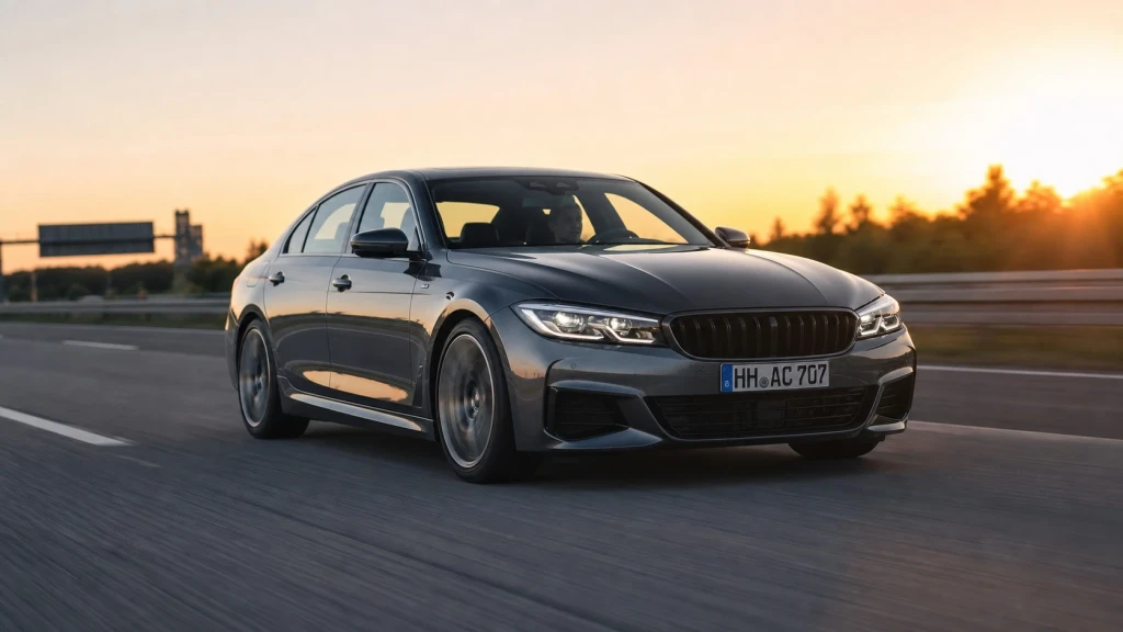 Eine gebrauchte Premium-Limousine fährt auf einer deutschen Autobahn bei Sonnenuntergang