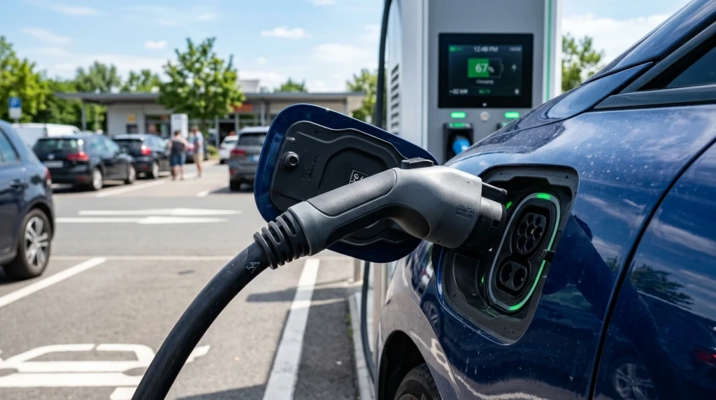 Ein Elektroauto lädt an einer Schnellladesäule an einer deutschen Autobahnraststätte