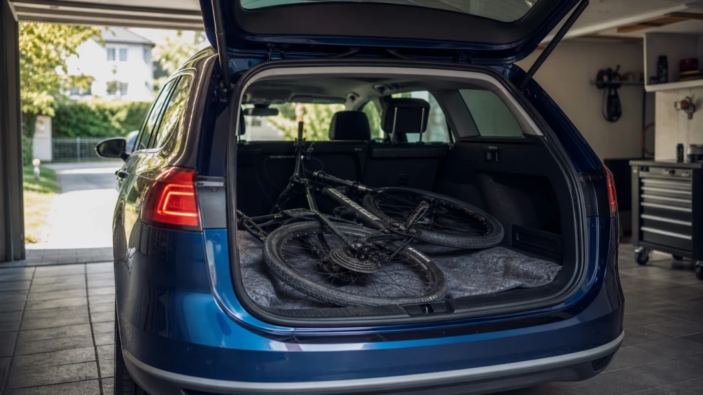 Ein Fahrrad liegend im geräumigen Kofferraum eines Autos.