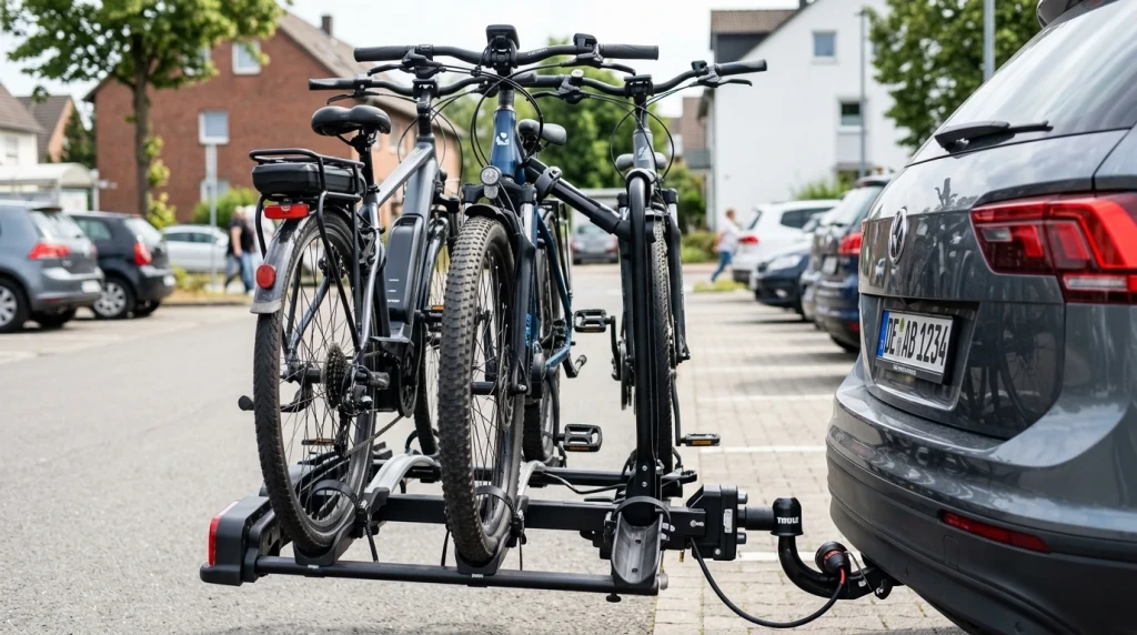 Zwei E-Bikes auf einem Fahrradträger für die Anhängerkupplung eines Autos.