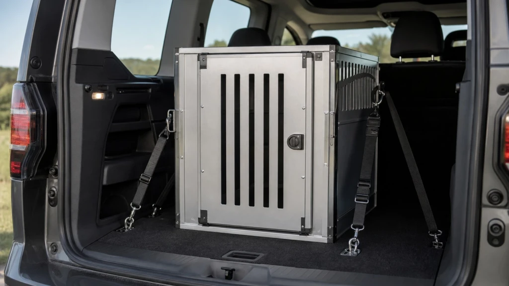Eine stabile Hundetransportbox aus Metall ist im Kofferraum eines VW Caddy mit Spanngurten gesichert
