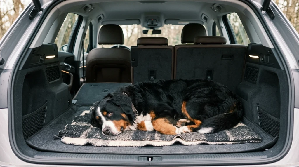 Ein großer Berner Sennenhund liegt entspannt im ebenen, geräumigen Laderaum eines Elektro-SUVs