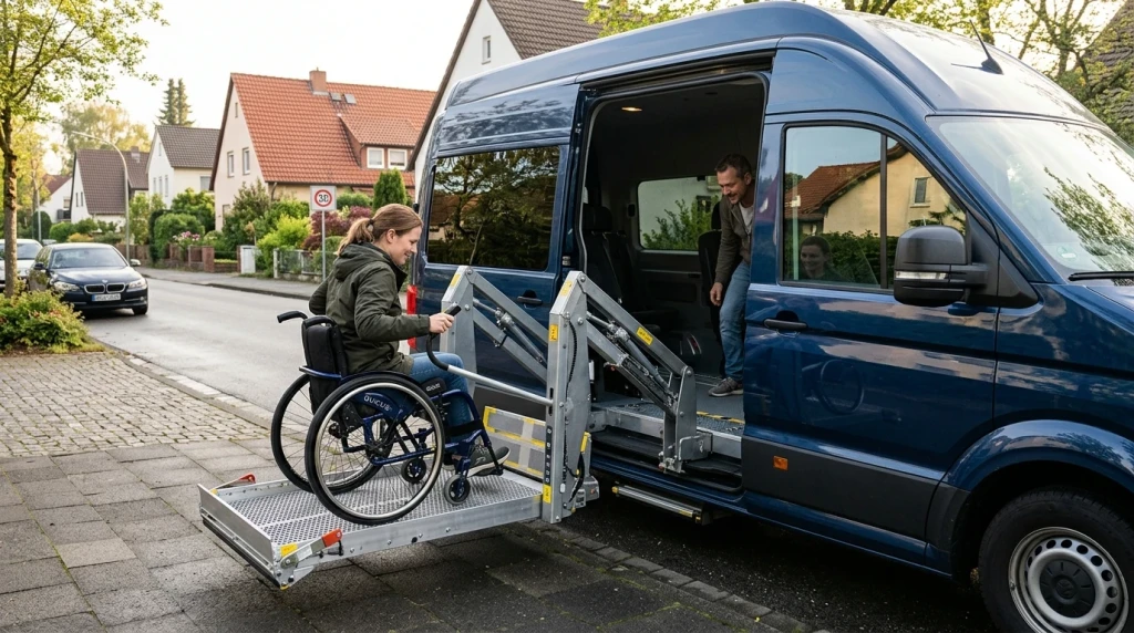 Ein Kassettenlift hebt einen Rollstuhlfahrer seitlich in einen modernen Van.