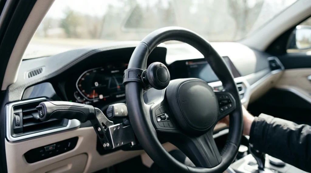 Eine Handbedienung für Gas und Bremse sowie ein Lenkrad-Drehknauf im Cockpit eines Autos.