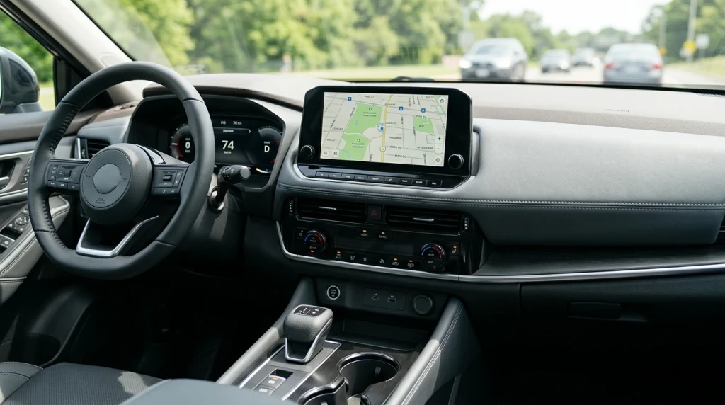 Übersichtliche Cockpit-Bedienelemente mit analogen Tasten in einem modernen Seniorenauto.