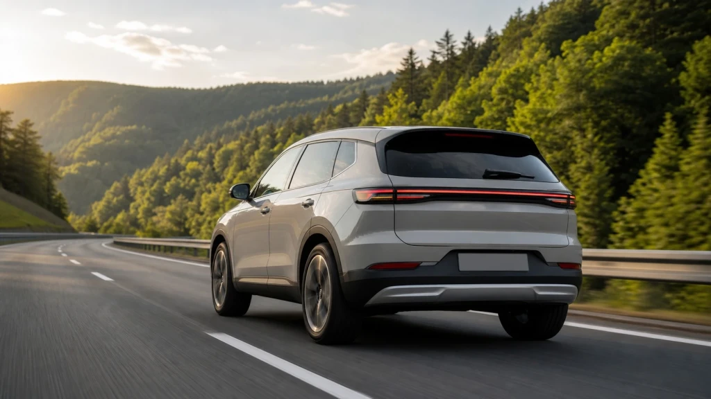 Ein kompaktes Elektro-SUV fährt auf einer Landstraße in Deutschland zur Veranschaulichung der besten SUVs