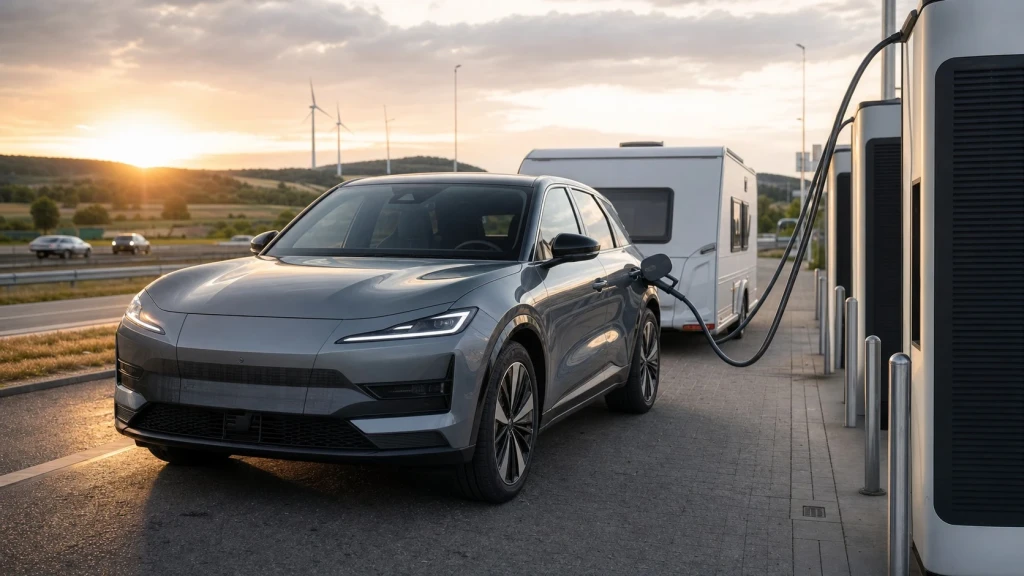 Ein Elektroauto mit angekoppeltem Wohnwagen lädt an einer Schnellladestation in Deutschland.