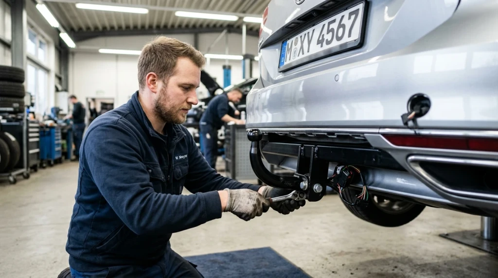 Ein Mechaniker montiert eine abnehmbare Anhängerkupplung in einer Werkstatt in Deutschland.