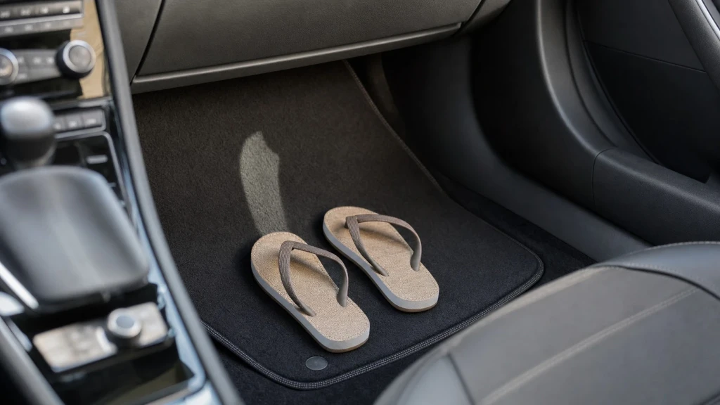 Ein Paar Flip-Flops sicher abgelegt im Beifahrerfußraum des Autos