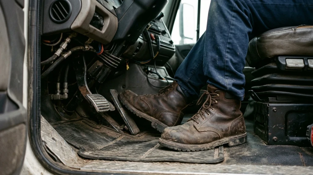 Feste Sicherheitsschuhe eines Lkw-Fahrers auf den Pedalen im Fahrerhaus